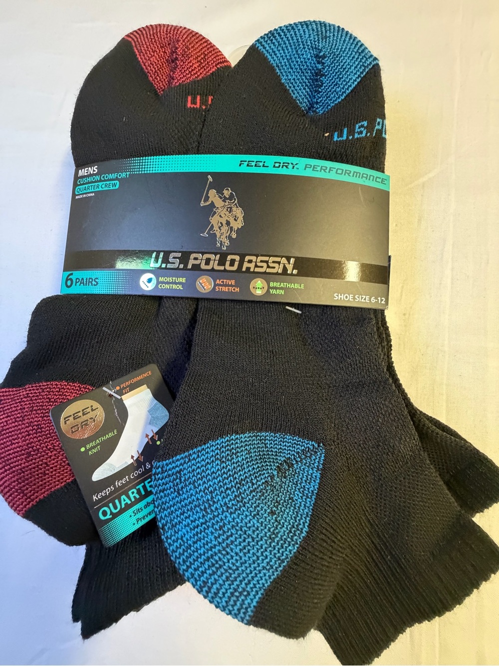 U.S. Polo Assn. Black Quarter Crew Socks with Blue & Red Toe Accents - 6 Pack